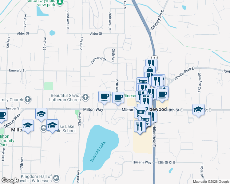map of restaurants, bars, coffee shops, grocery stores, and more near 809 27th Avenue in Milton
