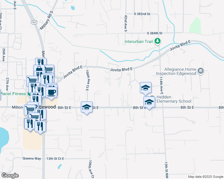 map of restaurants, bars, coffee shops, grocery stores, and more near 605 108th Avenue Court East in Edgewood