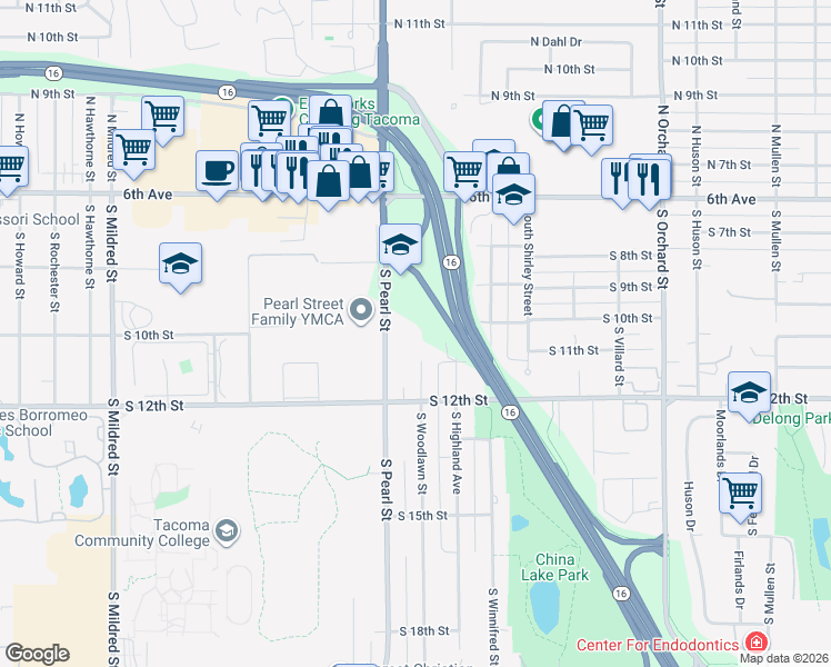 map of restaurants, bars, coffee shops, grocery stores, and more near 1007 South Woodlawn Street in Tacoma