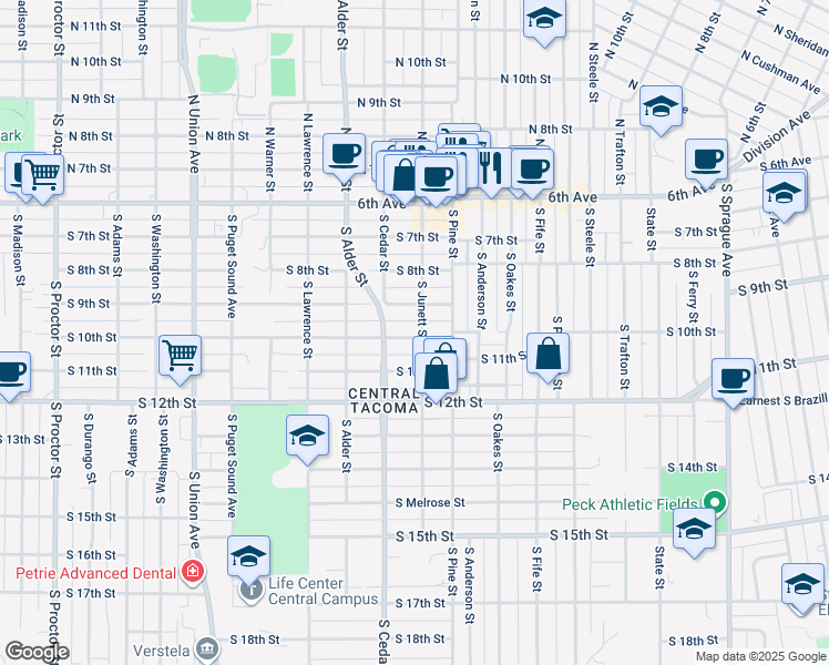 map of restaurants, bars, coffee shops, grocery stores, and more near 920 South Junett Street in Tacoma