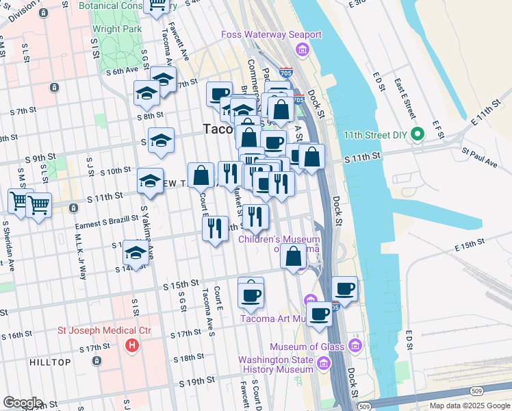 map of restaurants, bars, coffee shops, grocery stores, and more near 1149 Market Street in Tacoma