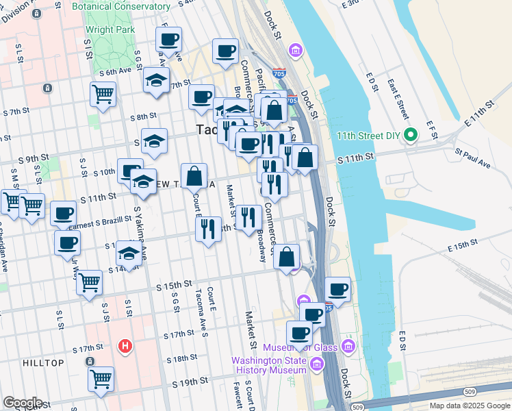 map of restaurants, bars, coffee shops, grocery stores, and more near 1149 Market Street in Tacoma