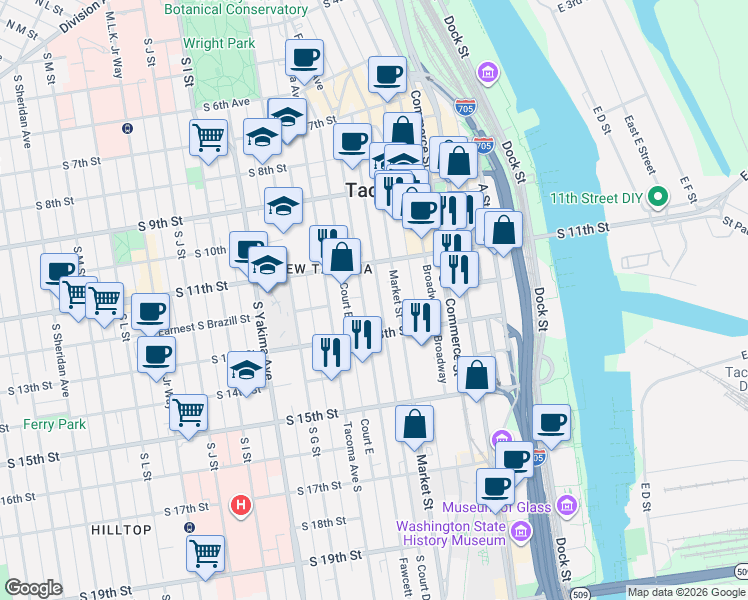 map of restaurants, bars, coffee shops, grocery stores, and more near in Tacoma