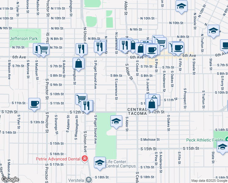 map of restaurants, bars, coffee shops, grocery stores, and more near 1002 South Lawrence Street in Tacoma