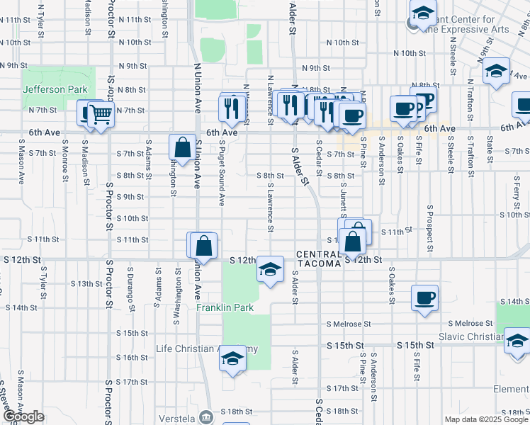 map of restaurants, bars, coffee shops, grocery stores, and more near 916 South Lawrence Street in Tacoma