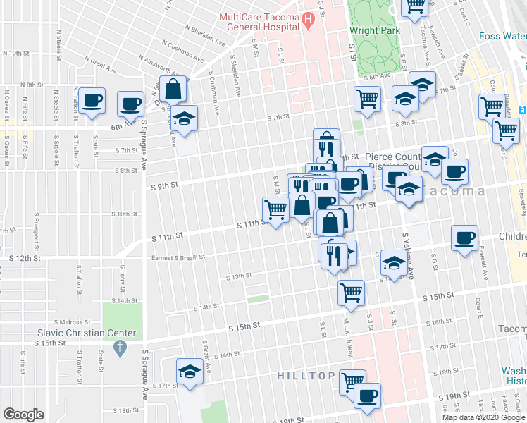 map of restaurants, bars, coffee shops, grocery stores, and more near 1112 South M Street in Tacoma