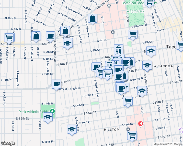 map of restaurants, bars, coffee shops, grocery stores, and more near 1415 South 11th Street in Tacoma