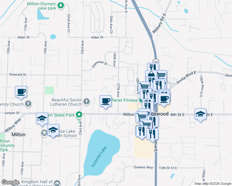 map of restaurants, bars, coffee shops, grocery stores, and more near 809 27th Avenue in Milton