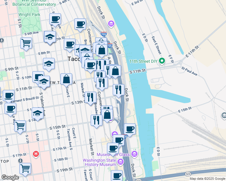 map of restaurants, bars, coffee shops, grocery stores, and more near 1201 Pacific Avenue in Tacoma