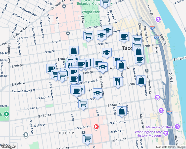 map of restaurants, bars, coffee shops, grocery stores, and more near 818 South 11th Street in Tacoma