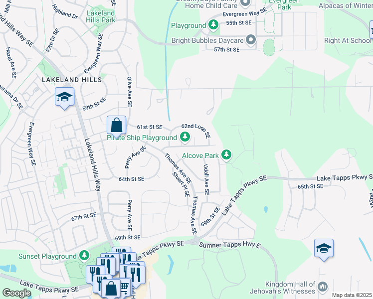 map of restaurants, bars, coffee shops, grocery stores, and more near 2016 63rd Street Southeast in Auburn