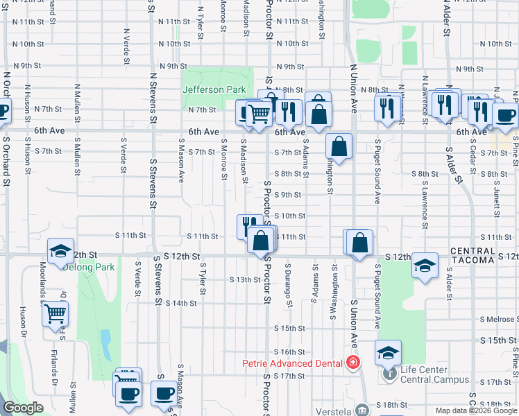 map of restaurants, bars, coffee shops, grocery stores, and more near 1011 South Madison Street in Tacoma