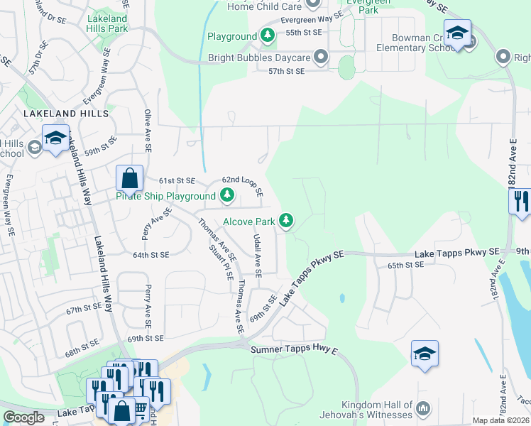 map of restaurants, bars, coffee shops, grocery stores, and more near 6310 Udall Avenue Southeast in Auburn