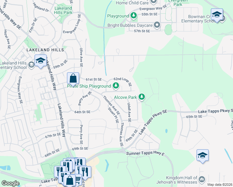 map of restaurants, bars, coffee shops, grocery stores, and more near 2016 63rd Street Southeast in Auburn