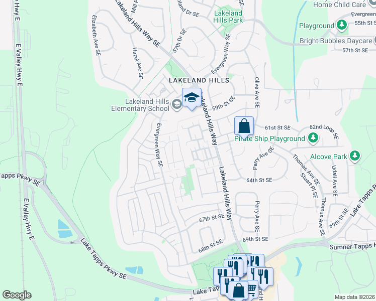 map of restaurants, bars, coffee shops, grocery stores, and more near 6209 Isaac Avenue Southeast in Auburn