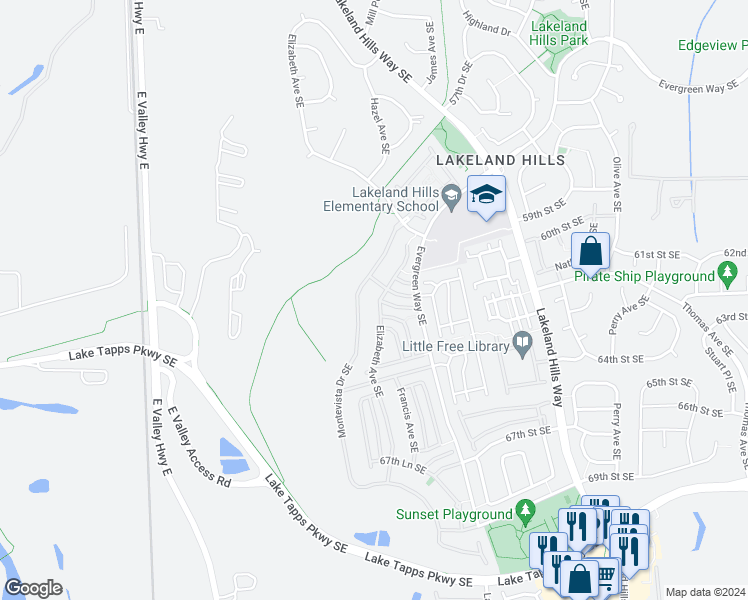 map of restaurants, bars, coffee shops, grocery stores, and more near 6303 Montevista Drive Southeast in Auburn
