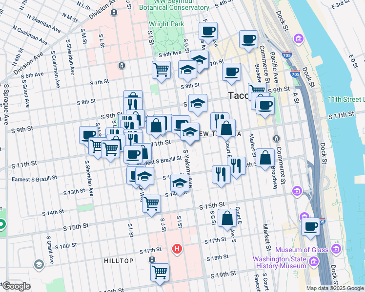 map of restaurants, bars, coffee shops, grocery stores, and more near 1121 South I Street in Tacoma