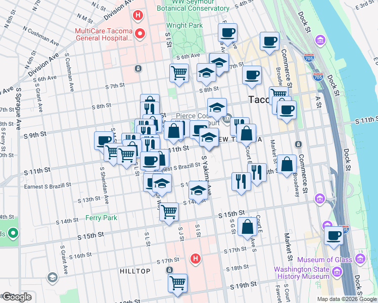 map of restaurants, bars, coffee shops, grocery stores, and more near 1121 South I Street in Tacoma