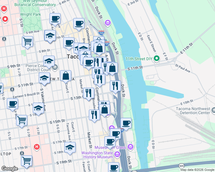 map of restaurants, bars, coffee shops, grocery stores, and more near 1201 Pacific Avenue in Tacoma