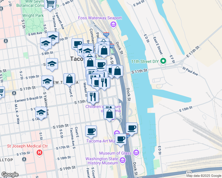 map of restaurants, bars, coffee shops, grocery stores, and more near 1201 Pacific Avenue in Tacoma