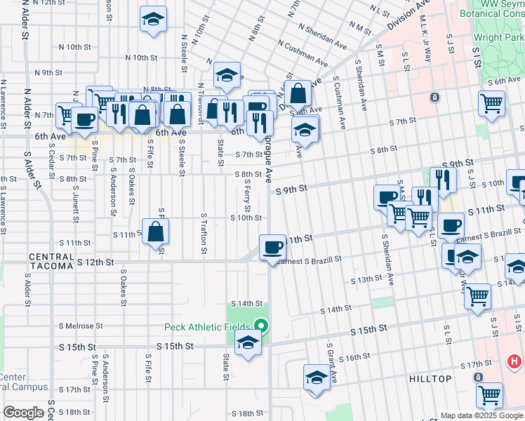 map of restaurants, bars, coffee shops, grocery stores, and more near 1016 South Sprague Avenue in Tacoma