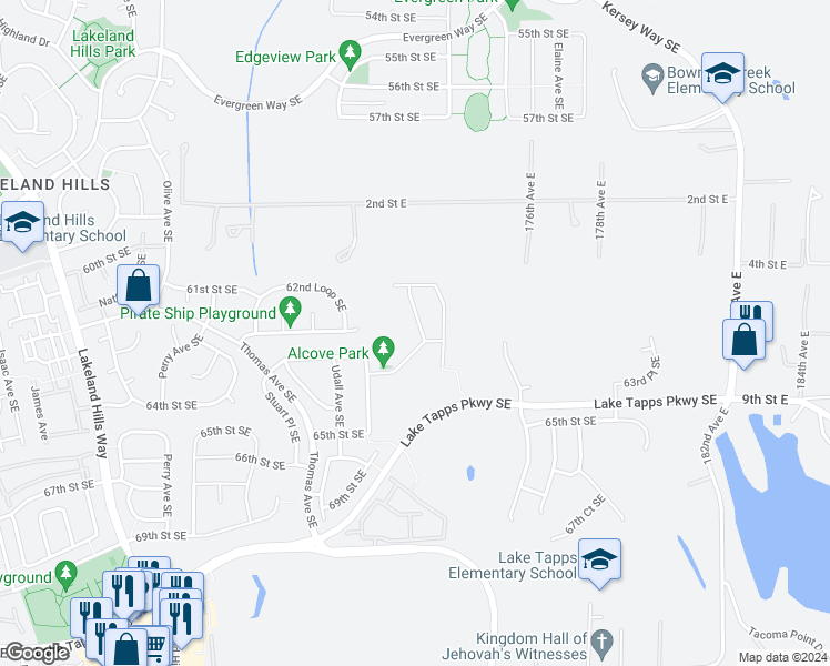 map of restaurants, bars, coffee shops, grocery stores, and more near 6237 Wesley Place Southeast in Bonney Lake
