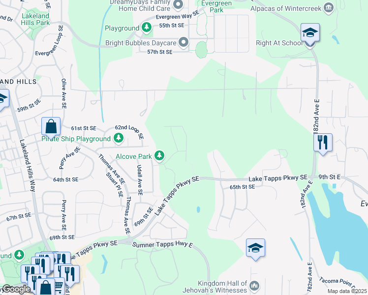 map of restaurants, bars, coffee shops, grocery stores, and more near 6214 Wesley Place Southeast in Bonney Lake