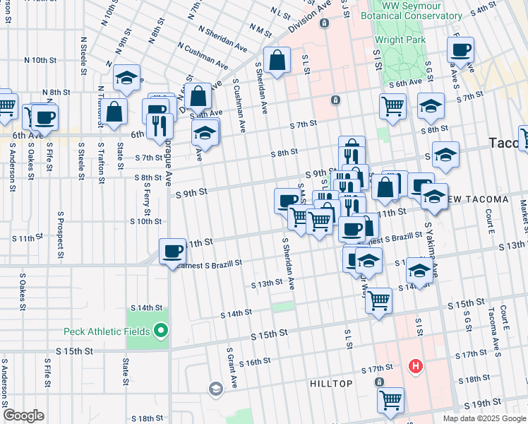 map of restaurants, bars, coffee shops, grocery stores, and more near 912 South Sheridan Avenue in Tacoma