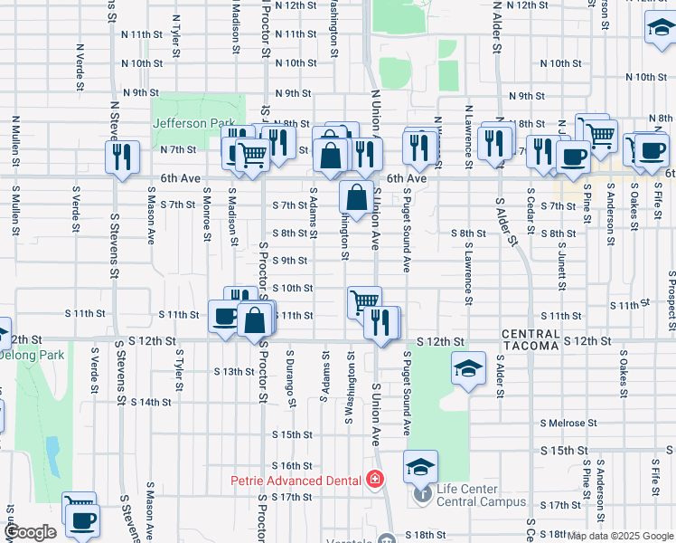 map of restaurants, bars, coffee shops, grocery stores, and more near 814 South Washington Street in Tacoma