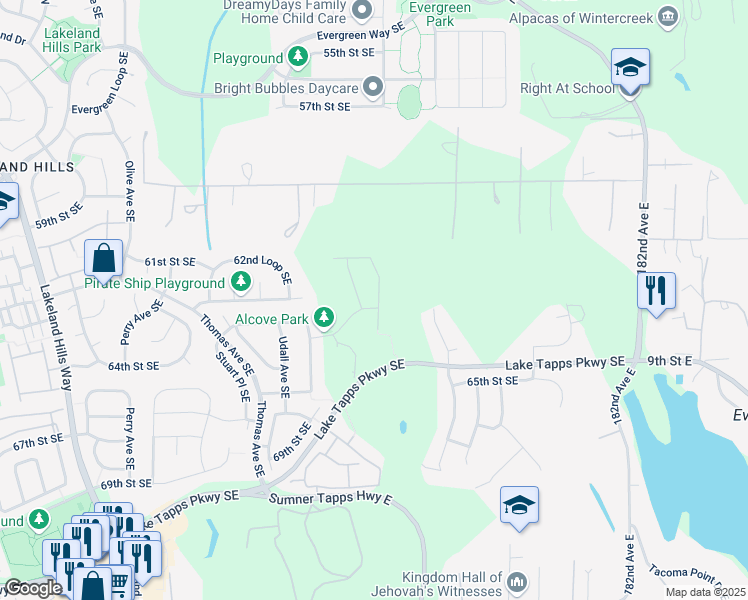 map of restaurants, bars, coffee shops, grocery stores, and more near 6214 Wesley Place Southeast in Bonney Lake