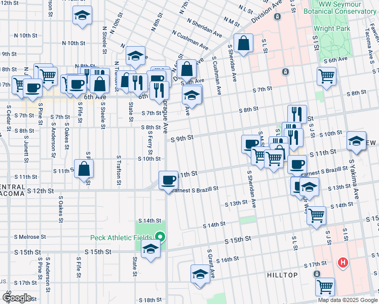 map of restaurants, bars, coffee shops, grocery stores, and more near 1714 South 9th Street in Tacoma
