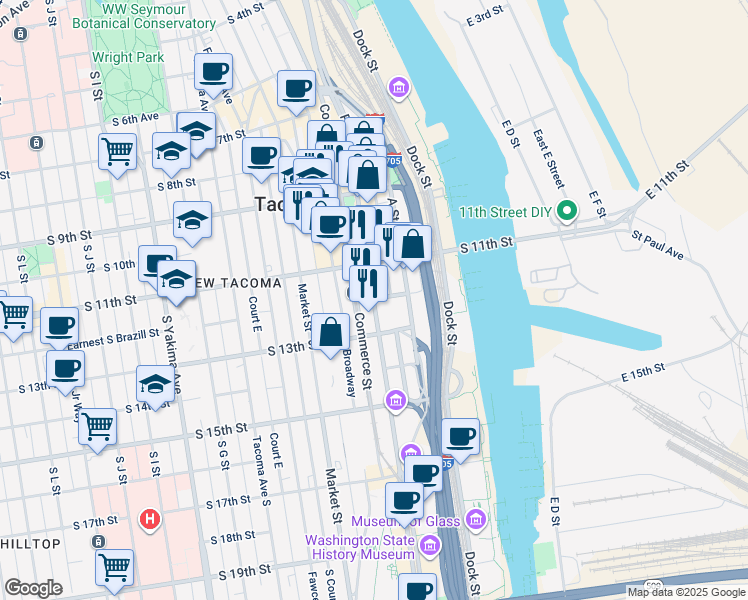 map of restaurants, bars, coffee shops, grocery stores, and more near 1201 Pacific Avenue in Tacoma