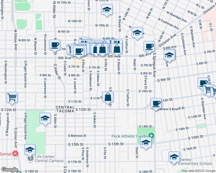 map of restaurants, bars, coffee shops, grocery stores, and more near 820 South Fife Street in Tacoma