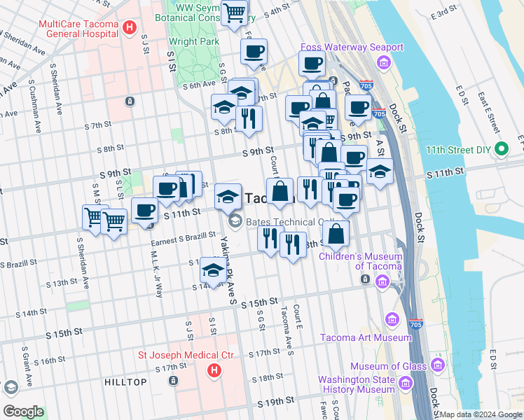 map of restaurants, bars, coffee shops, grocery stores, and more near 1102 Tacoma Avenue South in Tacoma