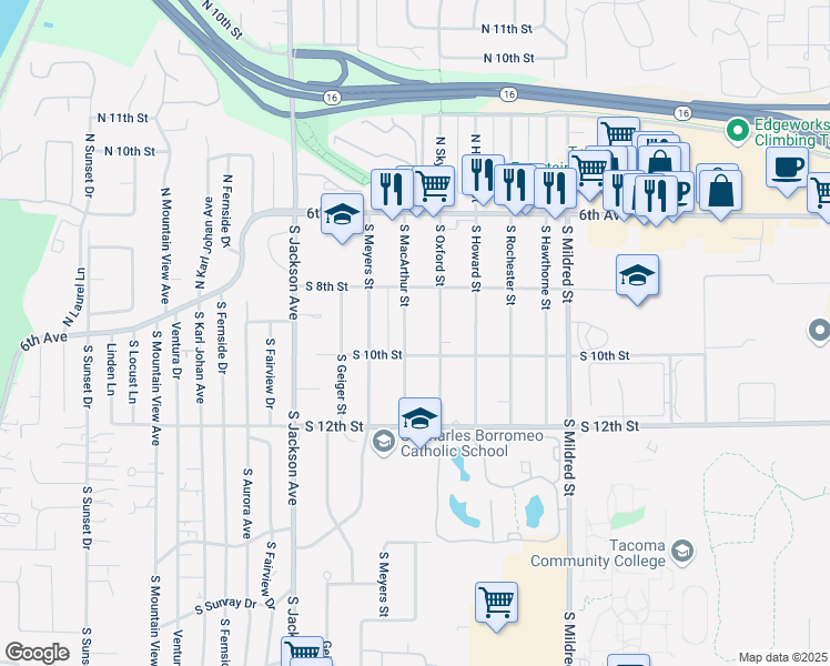 map of restaurants, bars, coffee shops, grocery stores, and more near 812 South Oxford Street in Tacoma