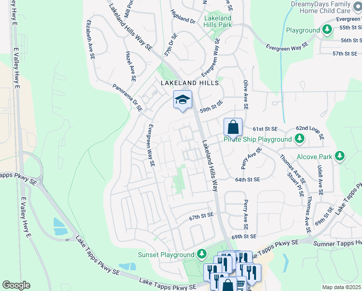 map of restaurants, bars, coffee shops, grocery stores, and more near 6134 Lindsay Avenue Southeast in Auburn