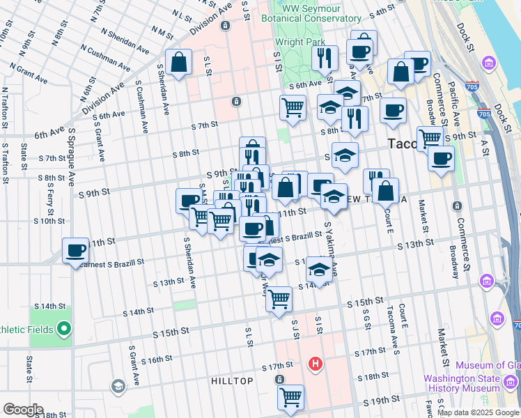 map of restaurants, bars, coffee shops, grocery stores, and more near 1002 South 10th Street in Tacoma