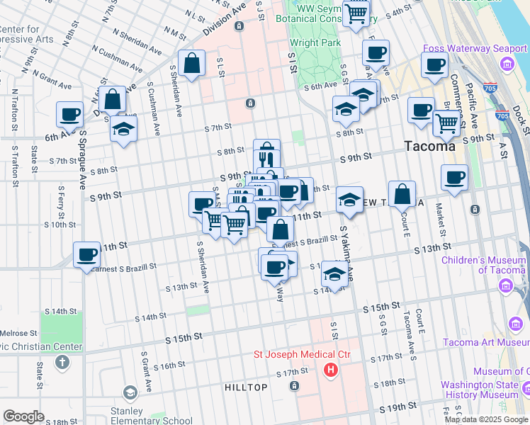 map of restaurants, bars, coffee shops, grocery stores, and more near 1107 South 10th Street in Tacoma