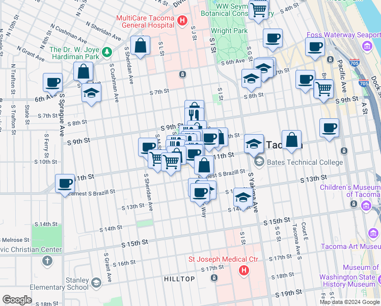 map of restaurants, bars, coffee shops, grocery stores, and more near 1107 South 10th Street in Tacoma