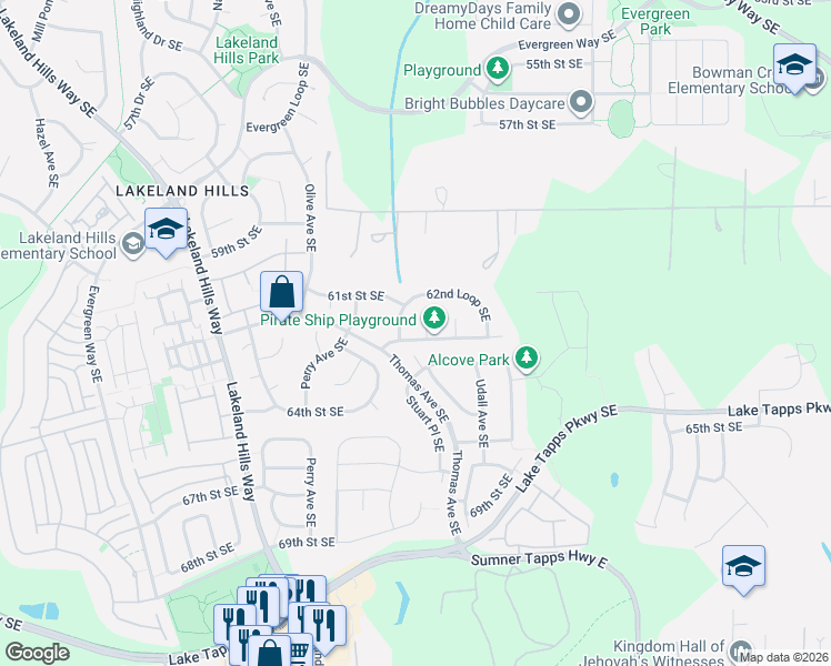 map of restaurants, bars, coffee shops, grocery stores, and more near 1931 62nd Street Southeast in Auburn