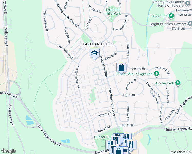 map of restaurants, bars, coffee shops, grocery stores, and more near 6129 Lindsay Avenue Southeast in Auburn
