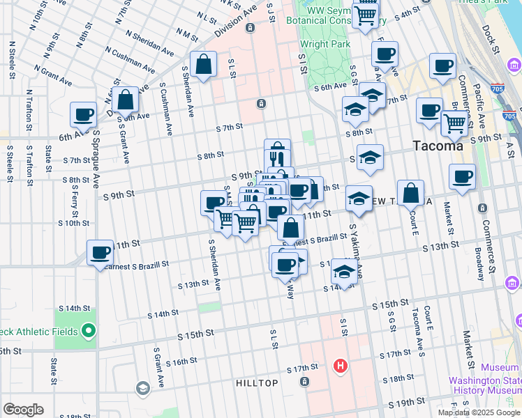 map of restaurants, bars, coffee shops, grocery stores, and more near 1107 South 10th Street in Tacoma