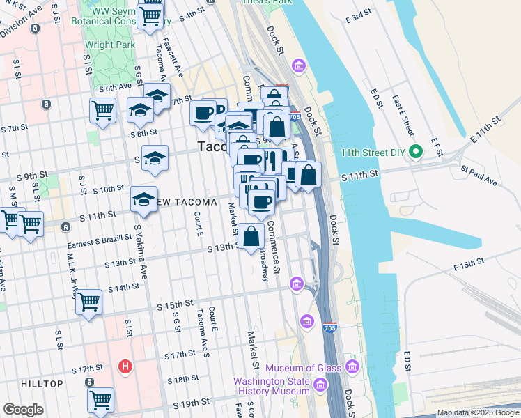 map of restaurants, bars, coffee shops, grocery stores, and more near in Tacoma