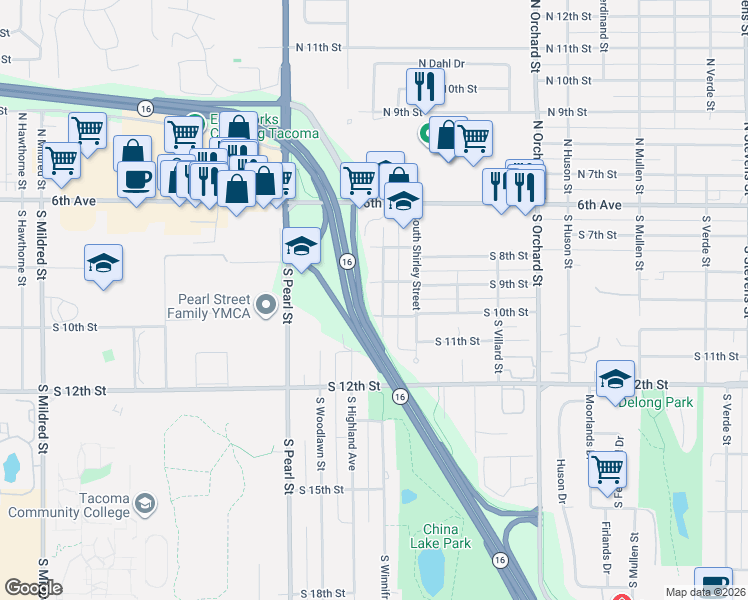 map of restaurants, bars, coffee shops, grocery stores, and more near 906 South Winnifred Street in Tacoma
