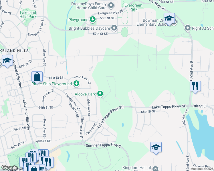 map of restaurants, bars, coffee shops, grocery stores, and more near 6225 Wesley Place Southeast in Auburn