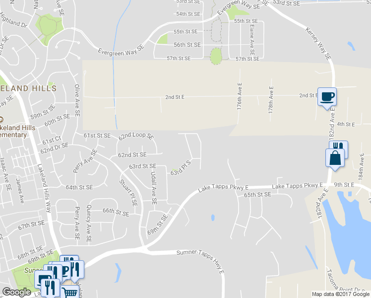 map of restaurants, bars, coffee shops, grocery stores, and more near 6225 Wesley Place Southeast in Auburn