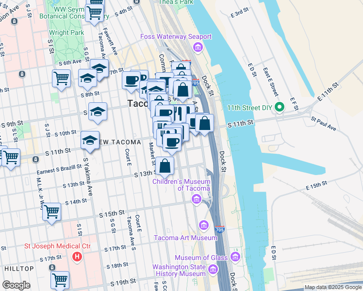 map of restaurants, bars, coffee shops, grocery stores, and more near in Tacoma