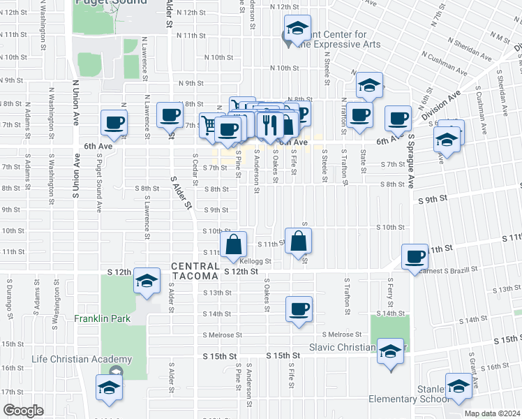 map of restaurants, bars, coffee shops, grocery stores, and more near 829 South Anderson Street in Tacoma