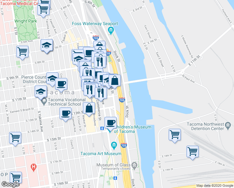 map of restaurants, bars, coffee shops, grocery stores, and more near 1120 East Cliff Avenue in Tacoma