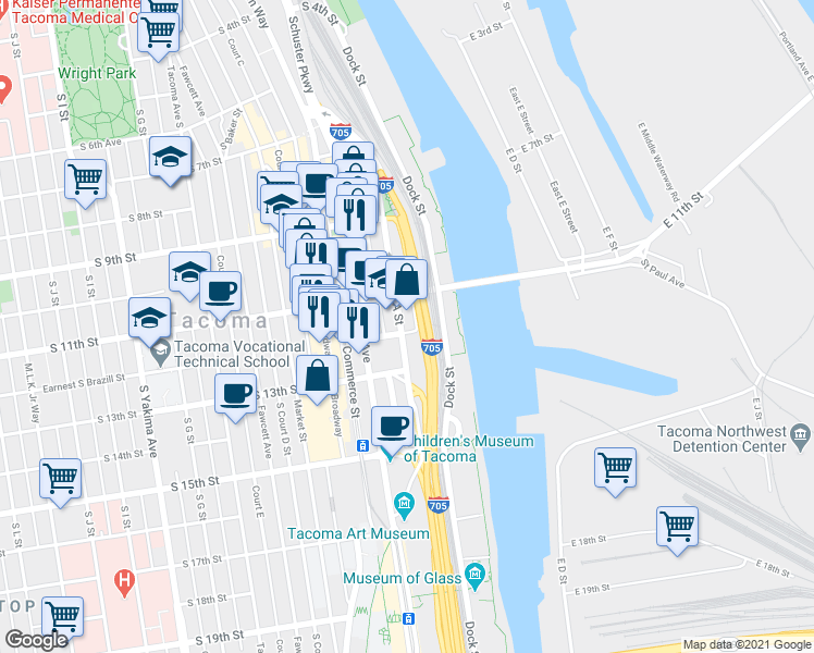 map of restaurants, bars, coffee shops, grocery stores, and more near 1120 East Cliff Avenue in Tacoma